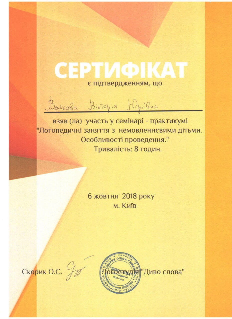 Сертифікат навчання логопеда-дефектолога Волкової Вікторії